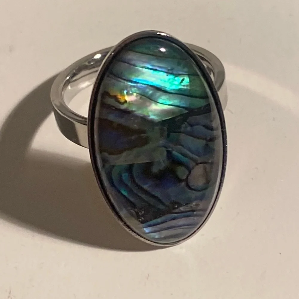 NEW Oversized Abalone Statement Ring Silver Boho Iridescent Shell Jewelry GIFT 8